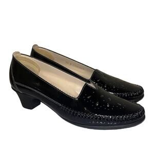 SAS Sonyo Slip On Heel 7.5 N Black Patent Leather Cut Out Shoes Career Mature